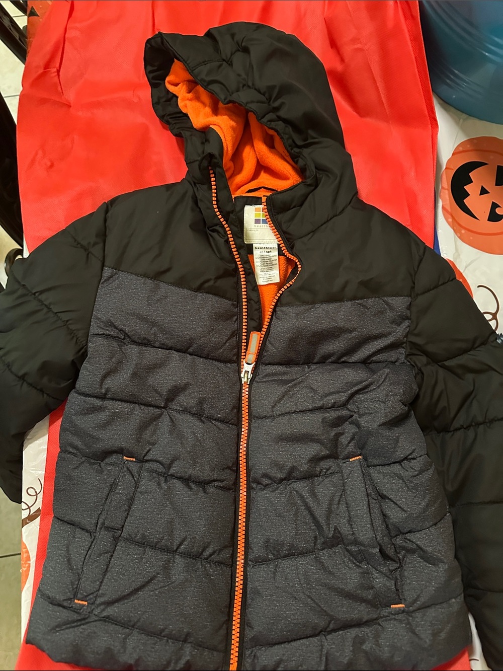 healthtex Kids Hooded Puffer Jacket in Black, Dark Gray & Orange